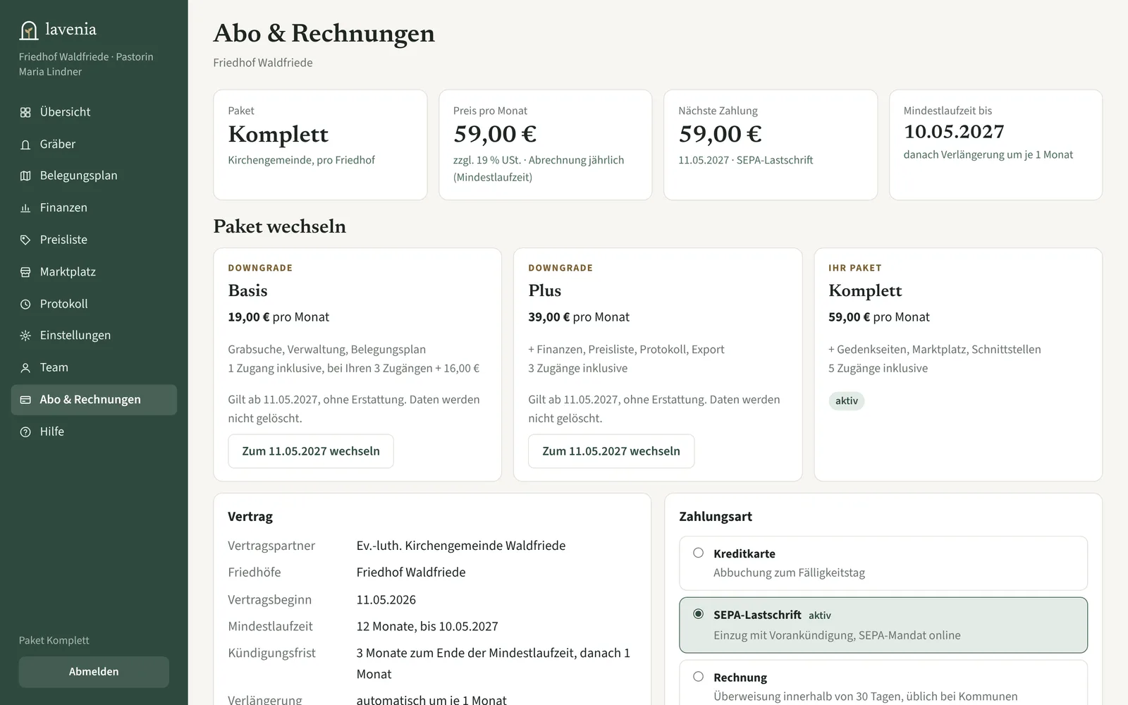 Abo und Rechnungen: Paket, Monatspreis, nächste Zahlung, Mindestlaufzeit und Paketwechsel