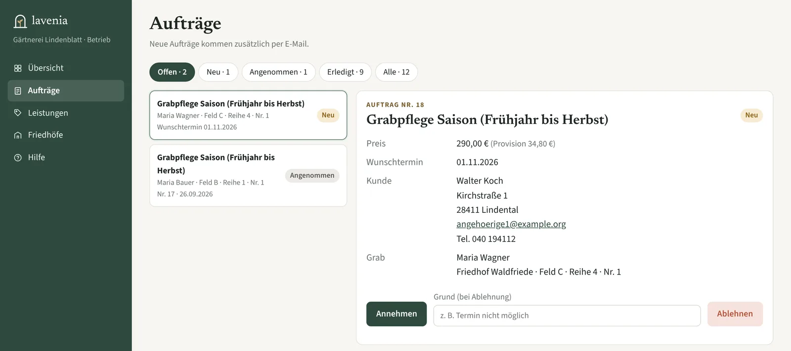 Auftragsübersicht eines Betriebs mit offenen Aufträgen, Preis, Wunschtermin und Grablage