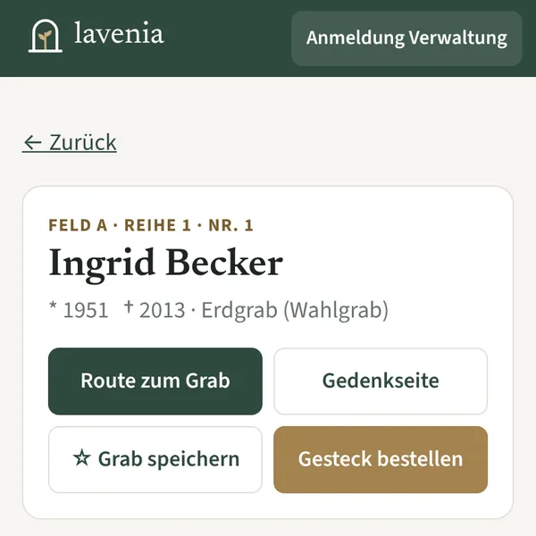 Grabstelle auf dem Smartphone mit Route zum Grab, Gedenkseite, Speichern und Gesteck bestellen