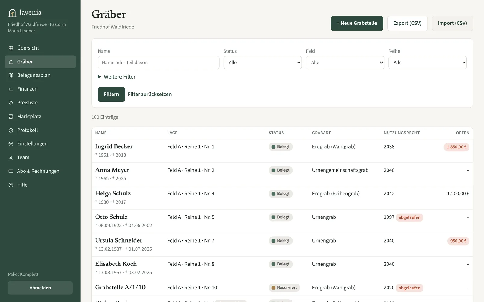 Liste der Grabstellen mit Filtern, Status, Grabart, Nutzungsrecht und offenen Beträgen